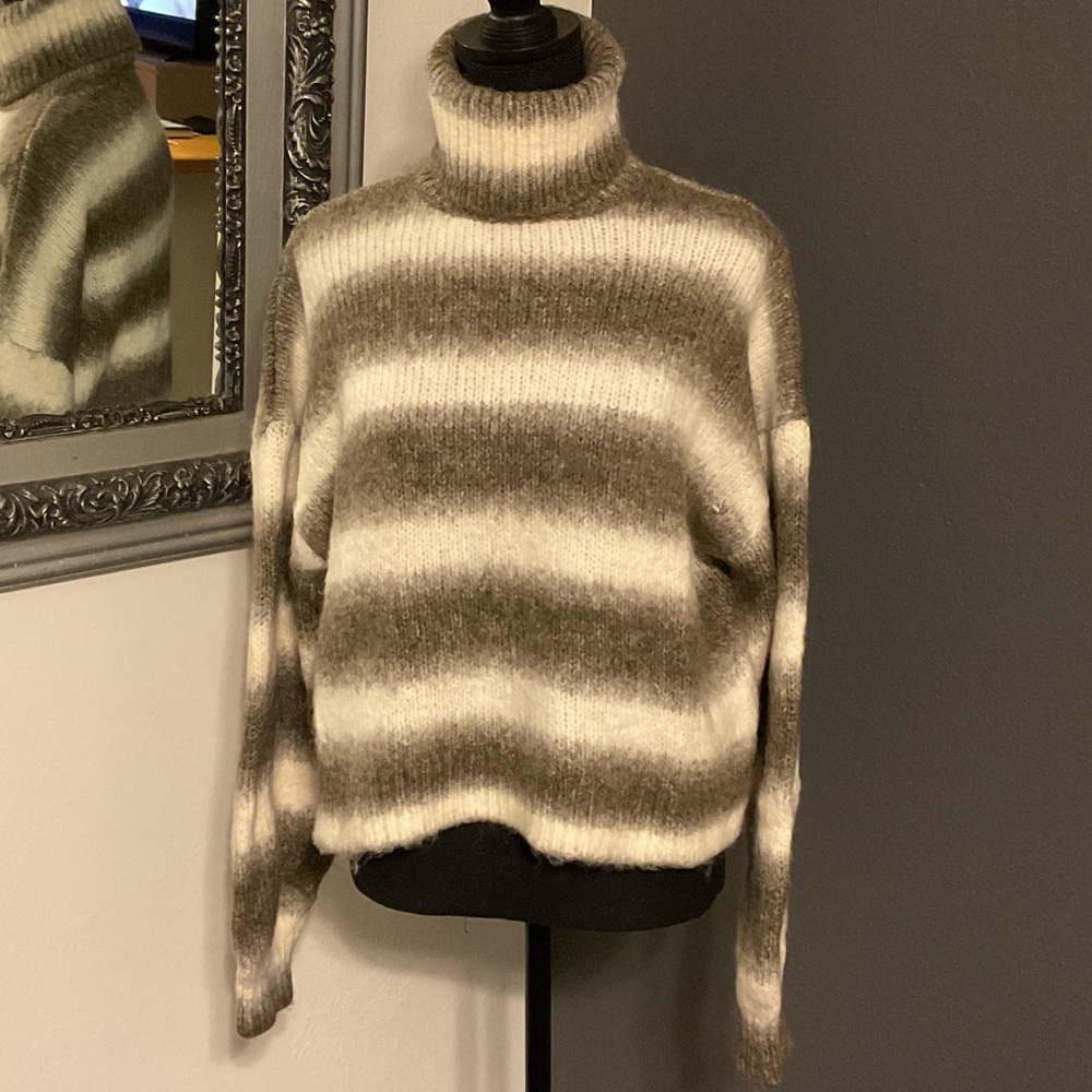 Mango Brown and Cream Striped Turtleneck Sweater